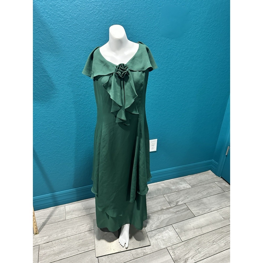 VTG Jessica McClintock Bridal Green Chiffon Flowy Dress 14 Rose Detail Cottage